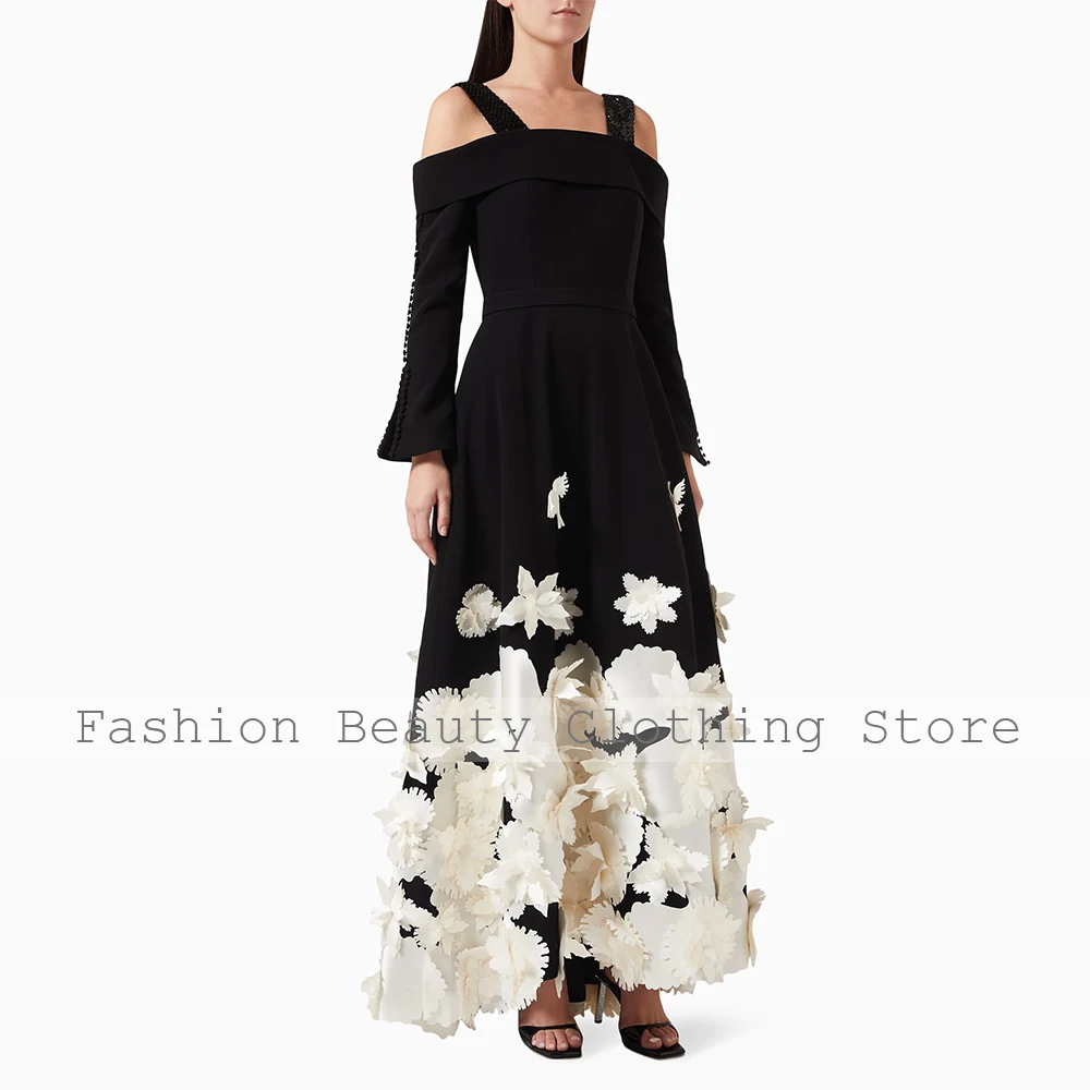 Elegant Evening Dress Black Beige Flowers Off the Shoulder A Line Evening Gowns for Women A Line Cold Shoulder Formal Party Gown