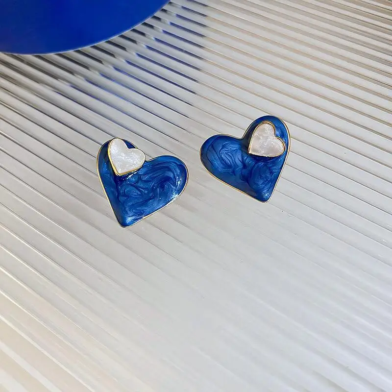 925 Silver Needle Korean Fashion Dropping Oil Blue Heart Earrings For Women Jewelry 2024 Trending New Women\'s Stud Earrings Gift