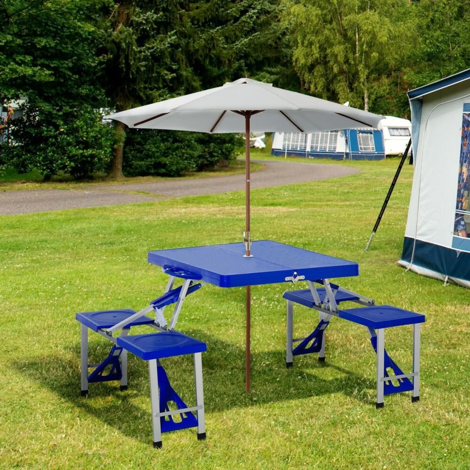 

US 53" Folding BBQ Camping Set Picnic Table and 4 Seats with Umbrella Hole Portable