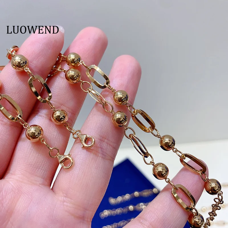 LUOWEND 100% 18K Yellow Gold Bracelet Fashion Metal Chain and Smooth ball Design INS Style Party Bracelet for Women High Jewelry