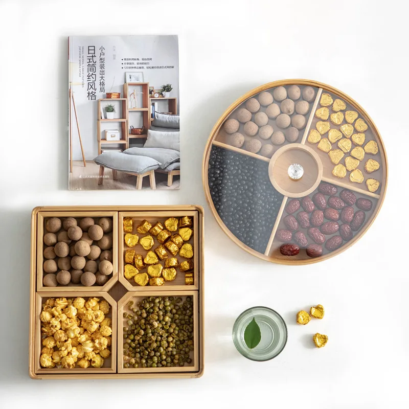 

Acrylic Bamboo Divider Round Square Dry Fruit Tray Household Snacks Storage Dessert Kitchen Storage Tray