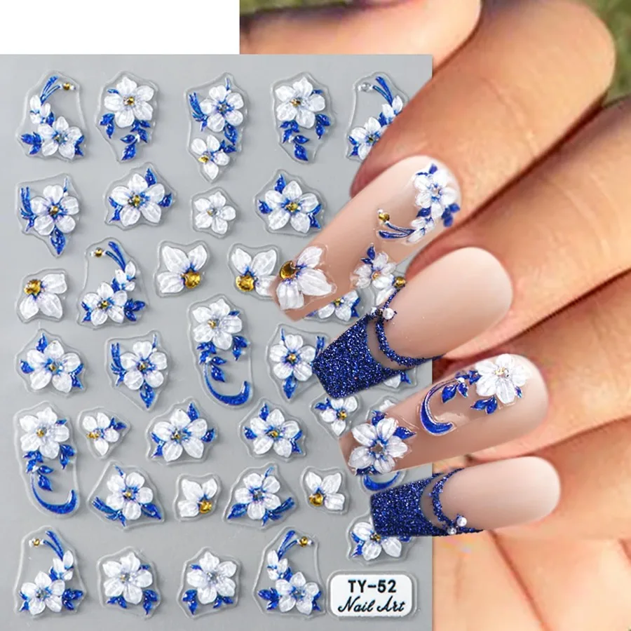 5D azul brillo brillante en relieve pegatinas florales para decoración de uñas 1 hoja autoadhesiva calcomanías de uñas para mujeres niñas manicura decoración de uñas