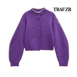 TRAF ZR Cropped Cardigan Long Sleeve Cozy Sweaters Purple O-neck Knitwear Cardigan Y2k Vintage Top Women's Autumn Sweater