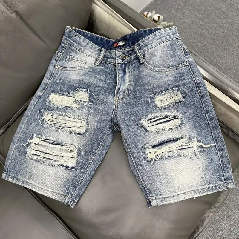 

Summer Korean Luxury Clothing Cowboy Casual Denim Knee Length Punk Washed Hiphop Streetwear Distressed Hole Jeans Shorts for Men