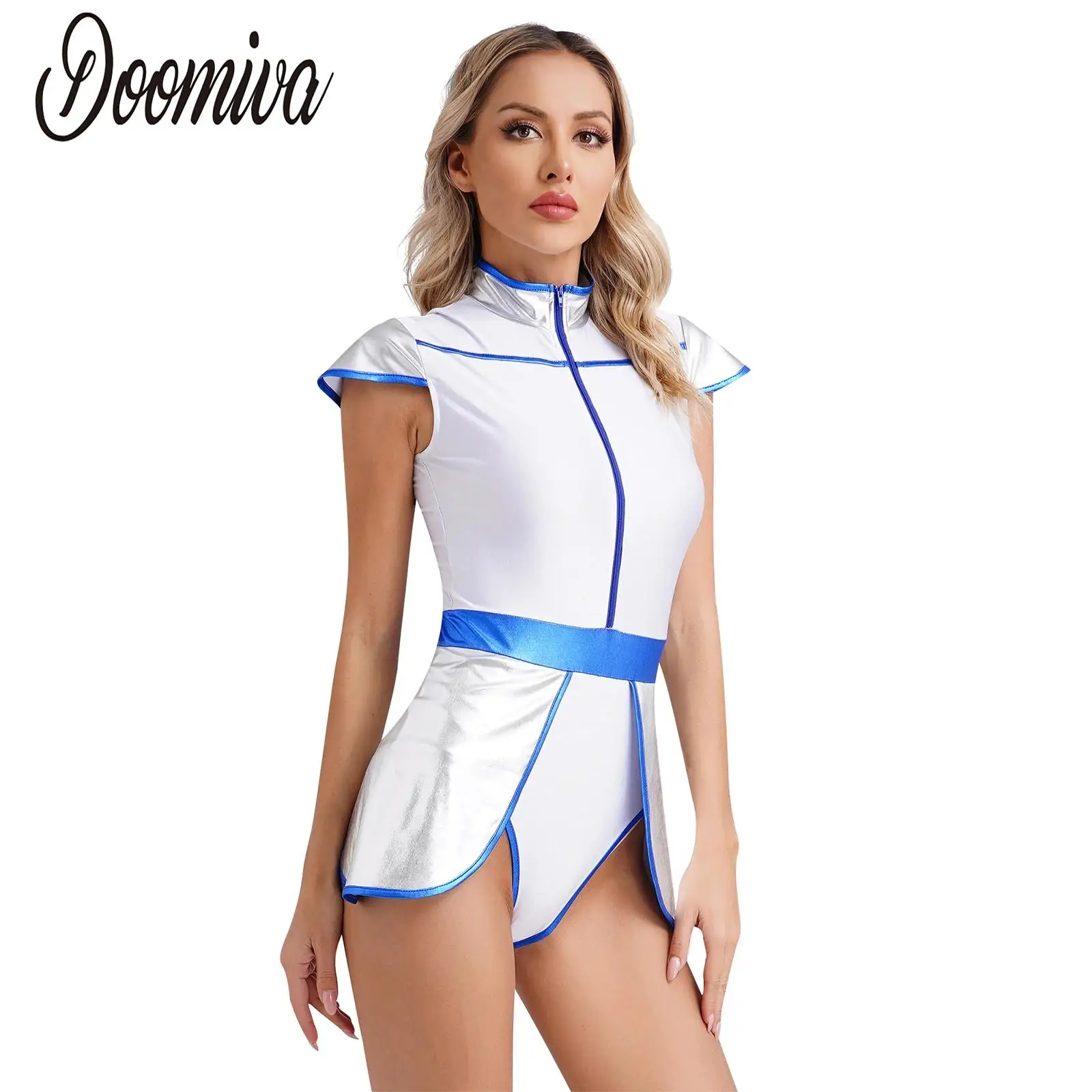 

Women's Alien Astronaut Bodysuit Metallic Leotard Jumpsuit Stand Collar Cap Sleeve Skirted Bodysuit Halloween Cosplay Costume