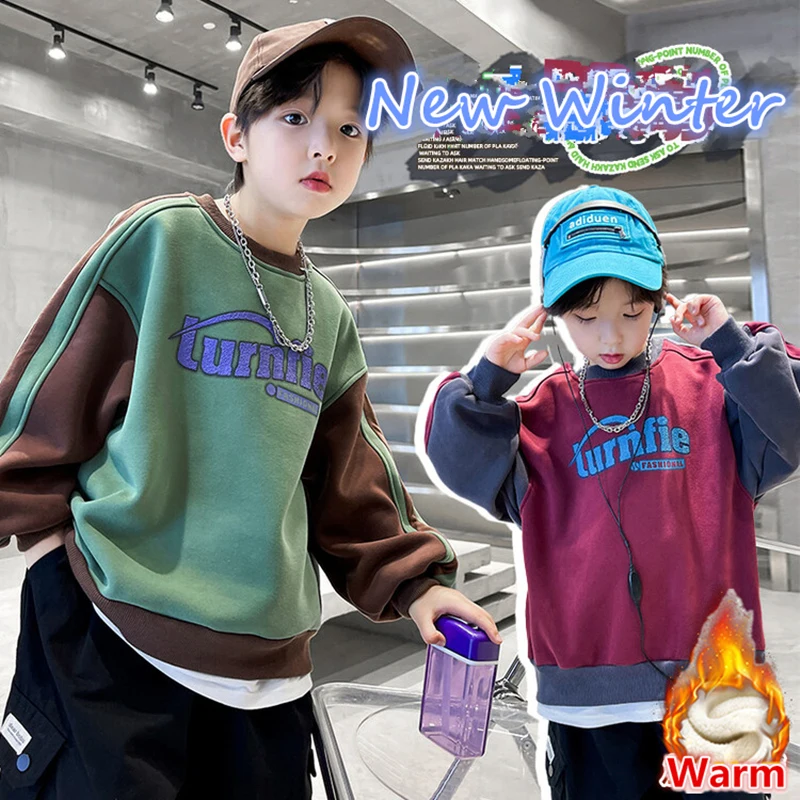 

Boys Winter Warm Sweatshirt Thicken Fleece Clothes Kids Letter Print Loose Korean Outerwear Teen Casual Pullover Tops Hoodie