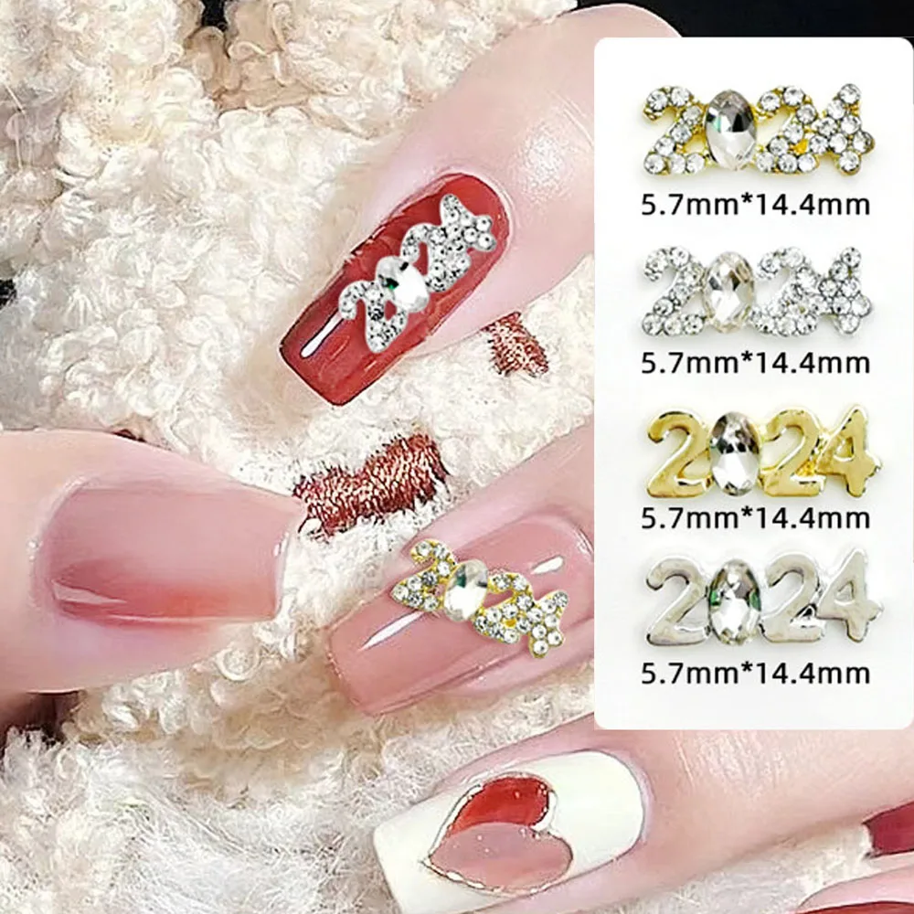 10Pcs/lot 2024 New Year 3D Alloy Nail ArtCharms 14.4*5.7mm Nail Parts Rhinestone Decorations Diamond DIY Manicure Jewelry