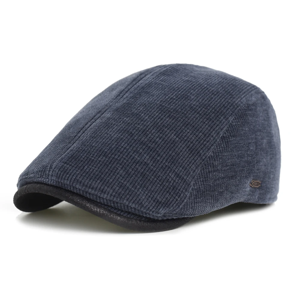 Newsboy Cap Men Winter Thick Warm Vintage Herringbone Casual Stripe Berets Flat Hat Peaked Cap Adjustable