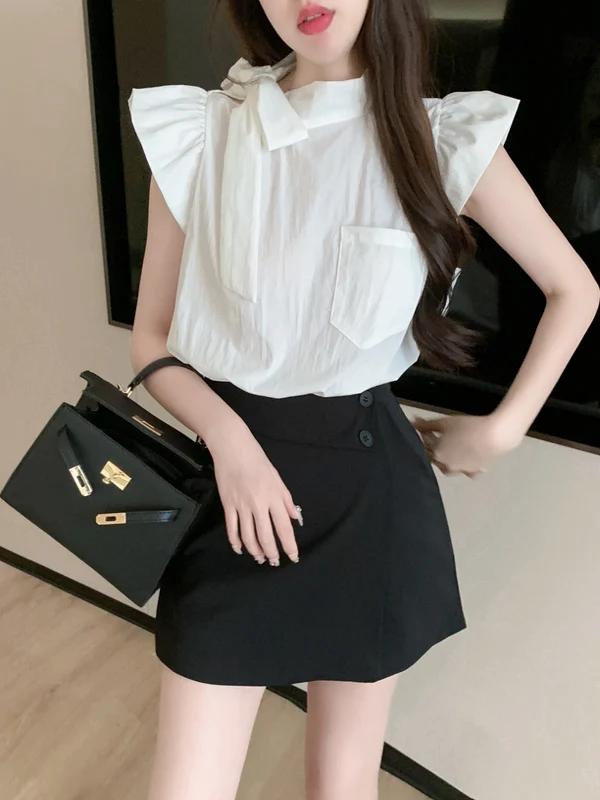 

Ele Bow Tie irt with Flng Sves Sli Beautiful ort Sve Women's Summer Faion Top Quali Polyester Fiber