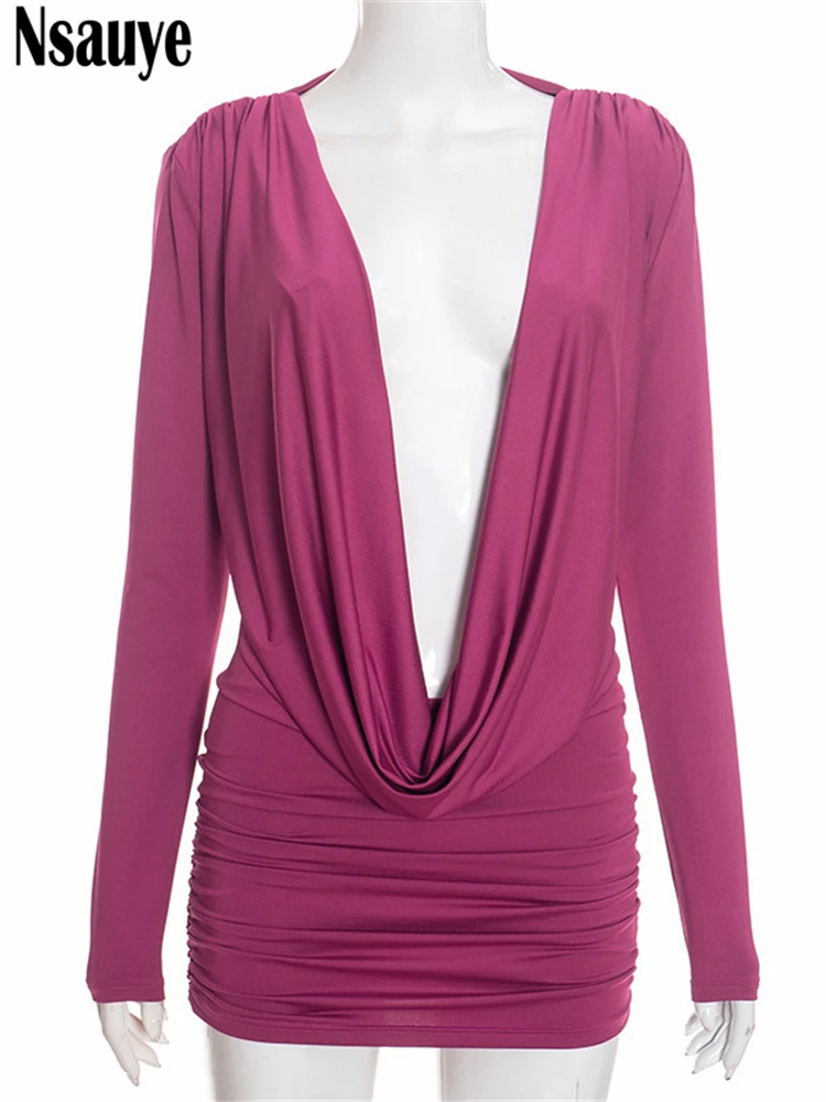 فستان Nsauye مثير للحفلات المسائية بأكمام طويلة قصير للنوادي الليلية للنساء بياقة على شكل V ومنخفض القطع فستان أنيق صغير لشتاء 2025