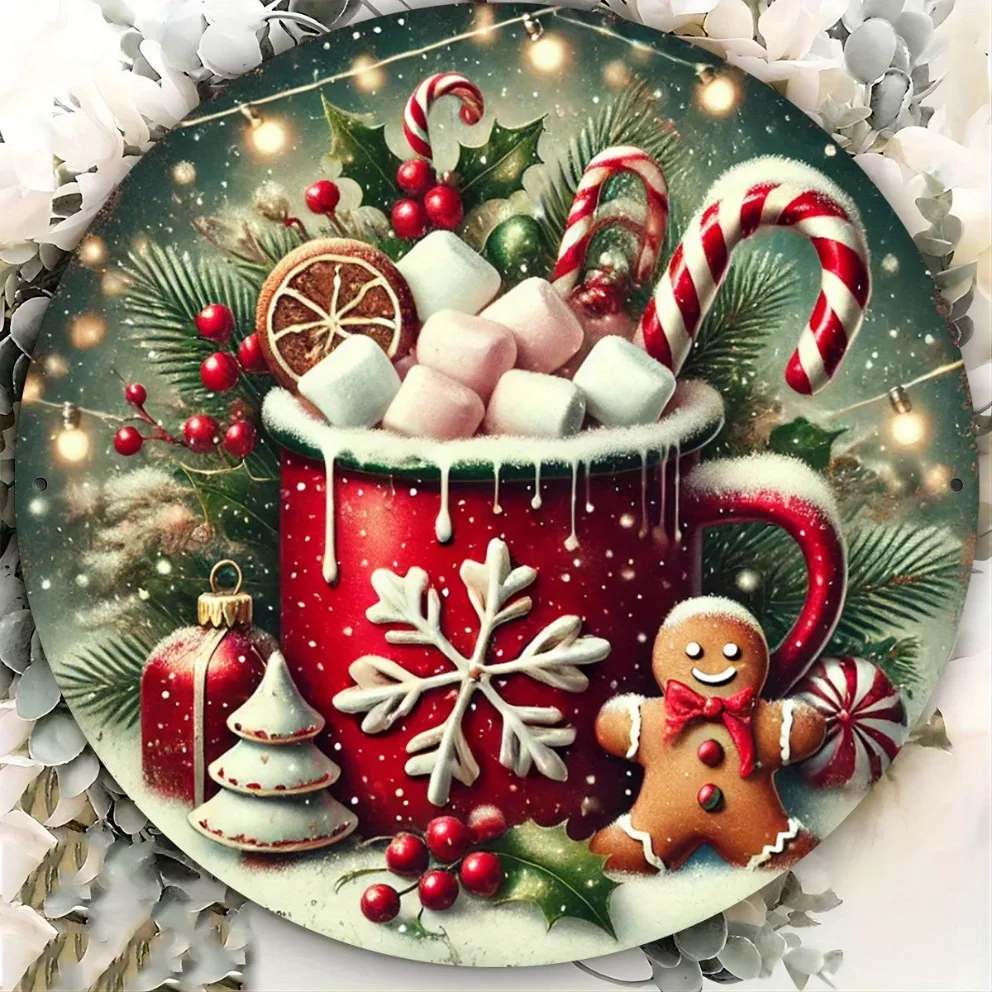 Gemütliches Weihnachtsschild mit Lebkuchen und heißem Kakao aus Aluminium für die Dekoration von Zuhause, Restaurant, Garage