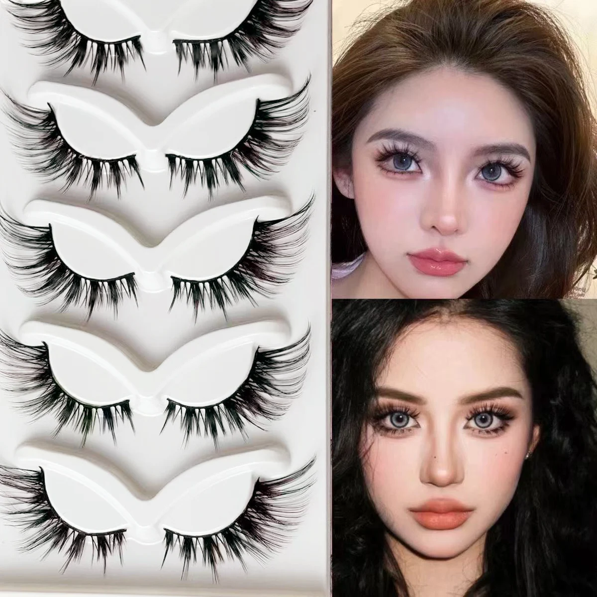 5 Paar flauschige und natürliche Cat-Eye-Wimpern, 3D-dick, fein, weich und flexibel, Make-up-Wimpern, farbenfrohe, geschwungene Wimpern