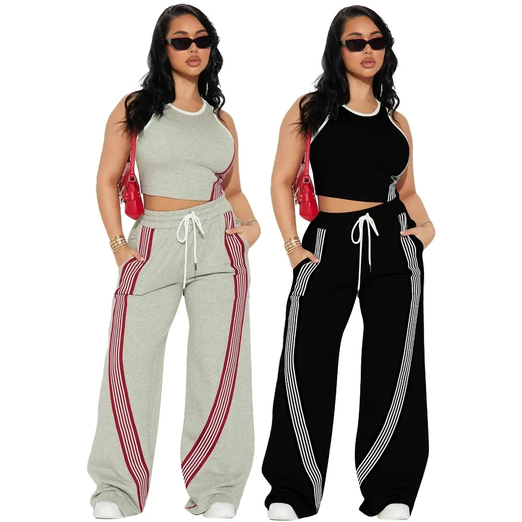 

Two Piece Sets Women Sports Suit Vest Top Wide Leg Pants Striped Elastic Waist Matching Sets Trousers Sportswear 2025 Tracksuit