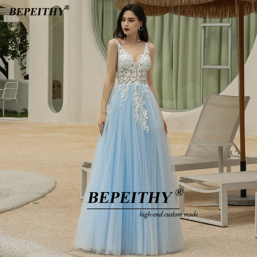 BEPEITHY Customized Sky Blue Evening Dresses For Women 2023 Lace Appliques A-Line Party Gown Spaghetti Straps V Neck Prom Dress