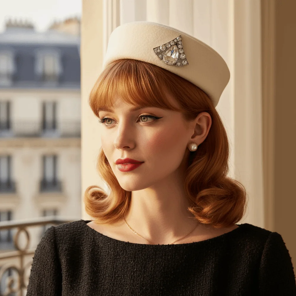 Uniform Stewardess Hat Vintage Topper Hat Rhinestone Solid Color Felt Beret Charm Retro Airline Stewardess Caps Masquerade Party