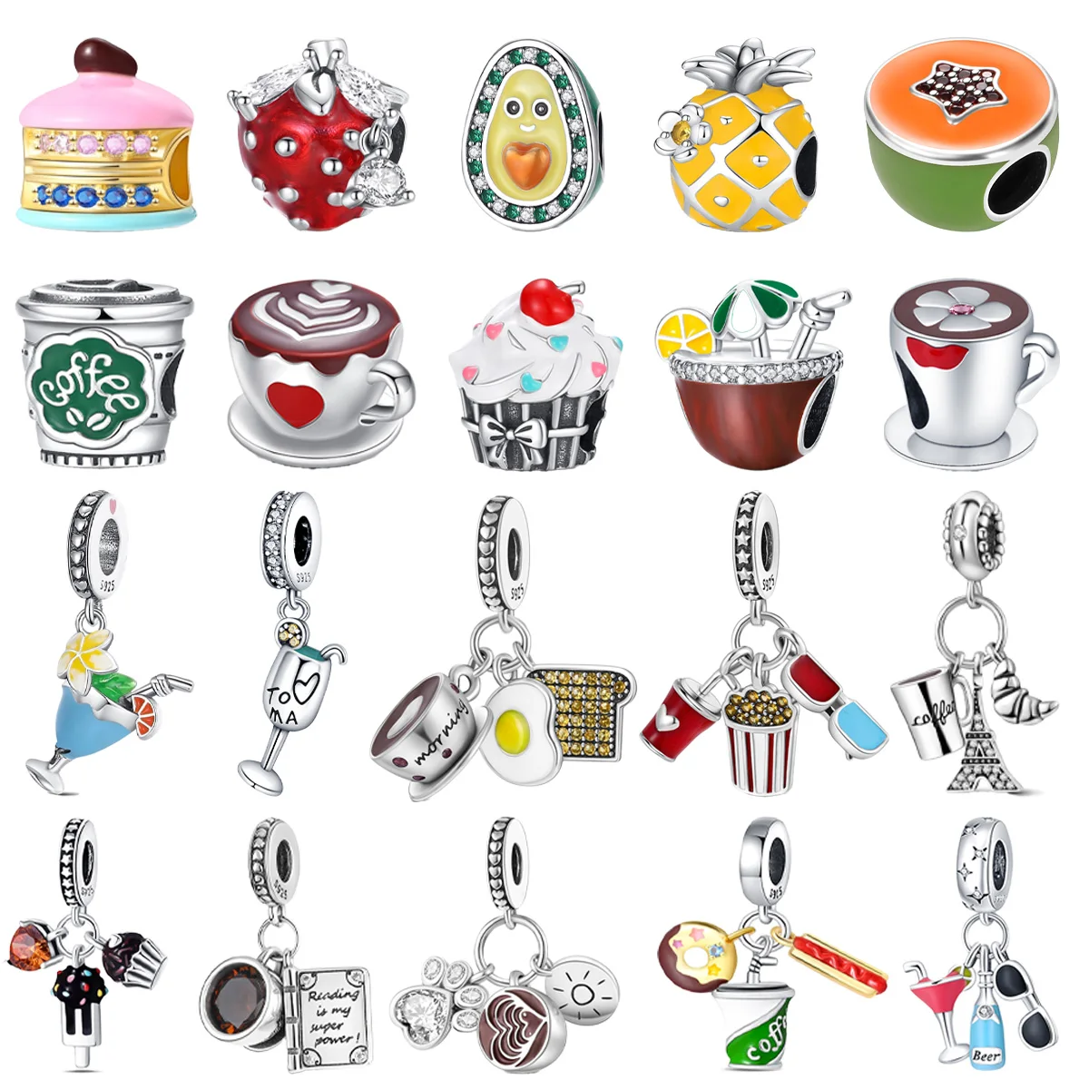 Original 925 Charms Sterling Silver Coffee Cupcake Avocado Pineapple Beaded Pendant for Pandora DIY Bracelet Ladies Jewelry Gift