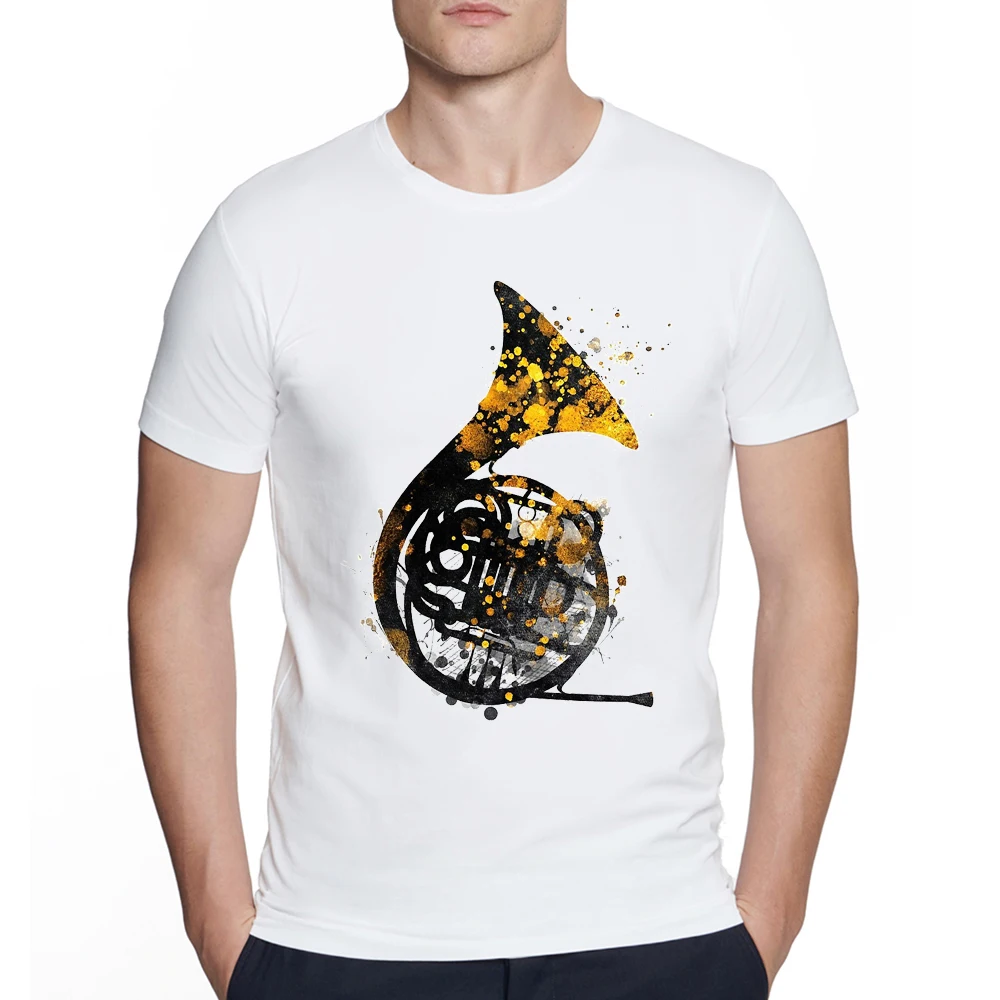 Vintage Men's Watercolor Art Print T-shirt Summer french horn music art music print Tee Shirt White Casual T Shirts Outfits