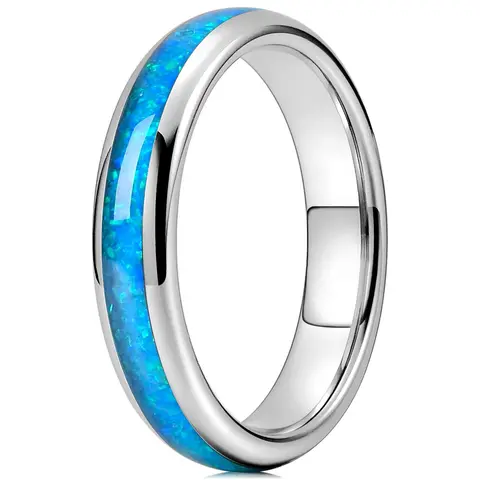 Simple 4mm Stainless Steel Ring For Men Women Blue Fire Opal Inlay Luxury Wedding Band Engagement Rings Jewelry anillos mujer
