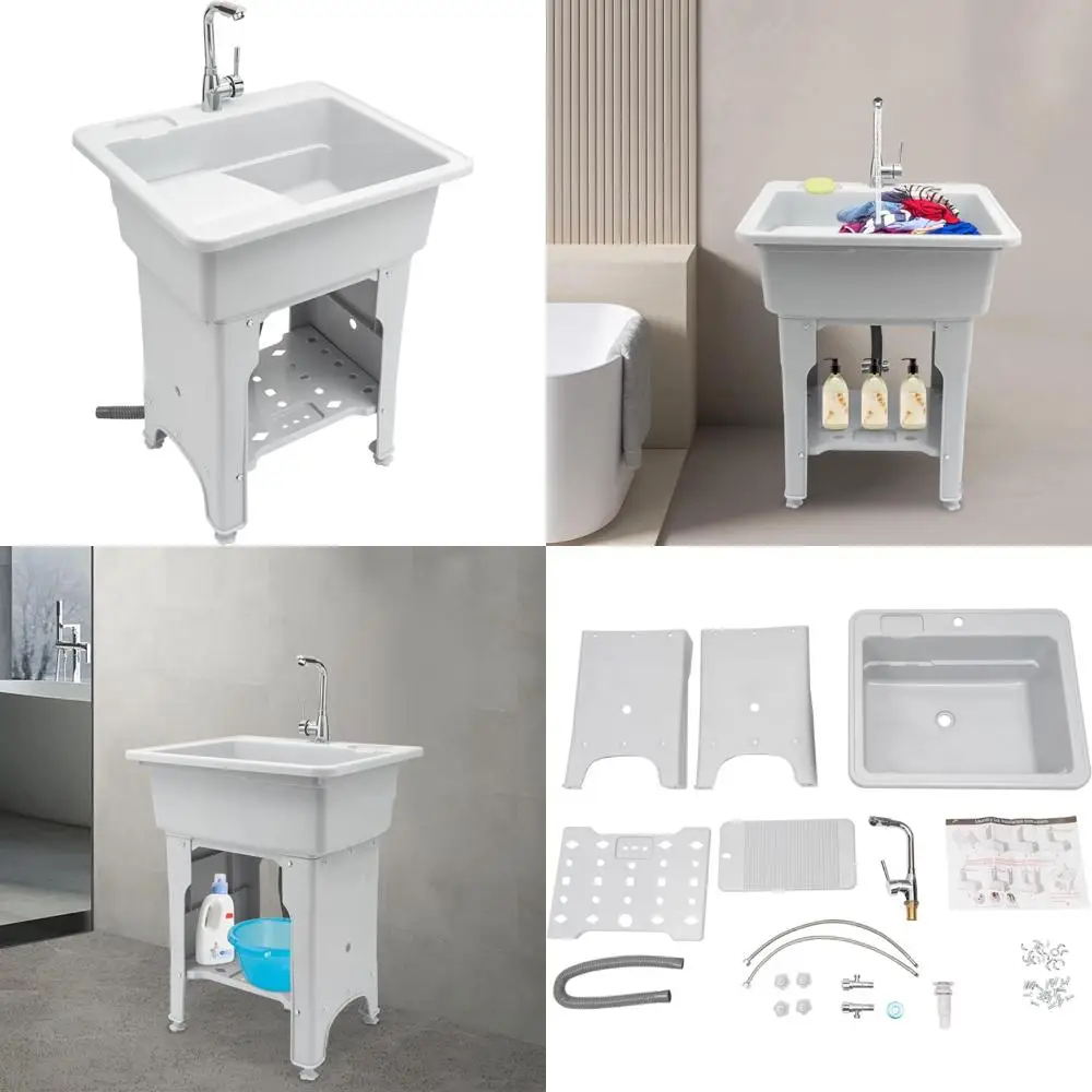 

Plastic Freestanding Laundry Sink with Washboard, Hot/Cold Faucet, Utility Sink, Hoses, and Drain Kit for Garage Use
