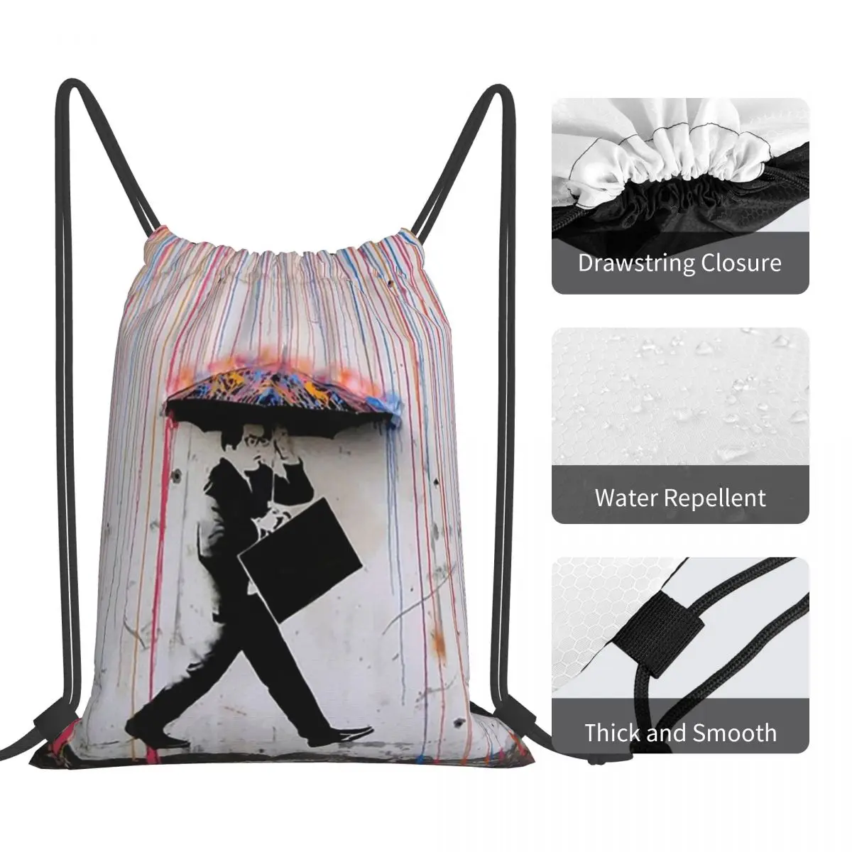 バンクシー傘レインボーハッピーガールバックパック多機能ポータブル巾着バッグスポーツバッグブックバッグ男性女性学生