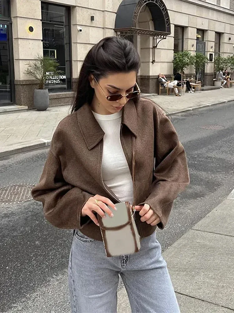 Vintage Brown Woolen Jacket For Women Loose Laple Long Sleeve Zipper Thicken Female Coats 2025 Spring Autumn New Lady Outwears