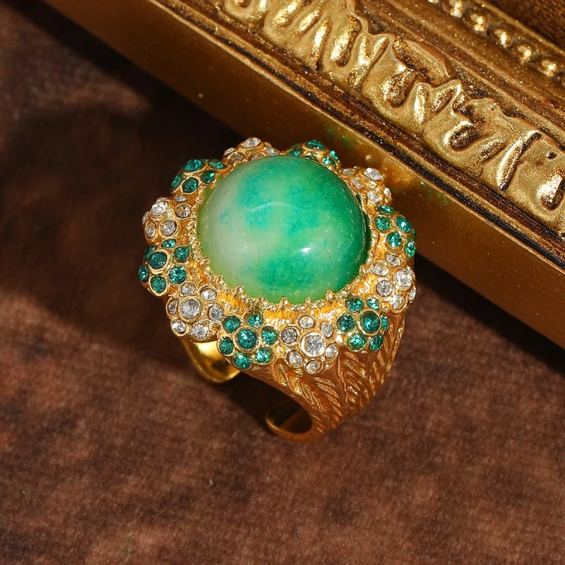 

Vintage Flower Rhinestone Green Ring Jade Gold Color Quality Luxury Designer Gifts Jewelry Trends 2025 Woman Wedding Christmas