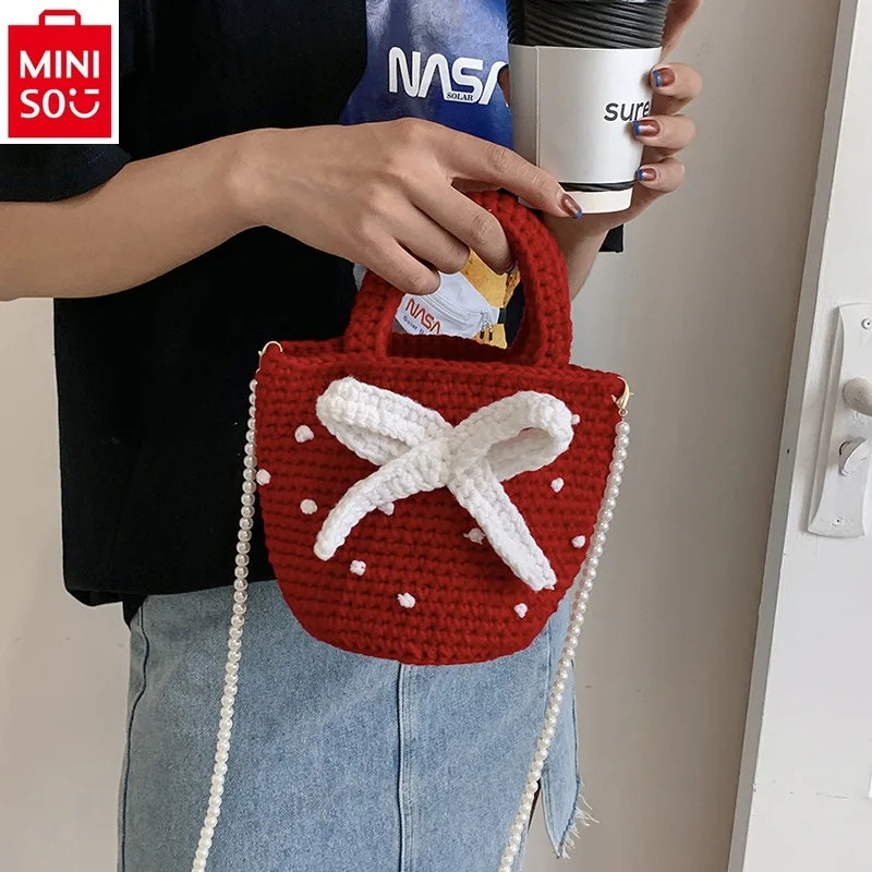 MINISO Cartoon Escape Princess Handwoven Bow Knitted Handbag Fashion Women's Pearl Chain Crossbody Bag