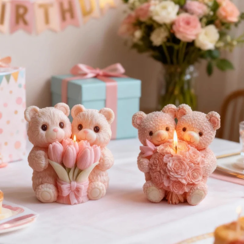 

2pcs Bear Candle Mold Silicone - DIY Cute Birthday Bouquet Candle Maker for Birthday Party Favors, Cake Toppers & Decor
