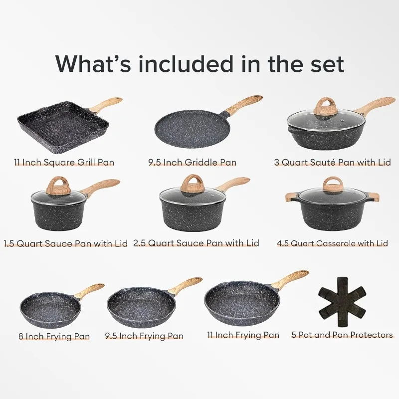 JEETEE Pots and Pans Set Nonstick 23pcs, Healthy Kitchen Cookware Sets, Induction Cooking Set W/Gray Granite Stone Frying Pans