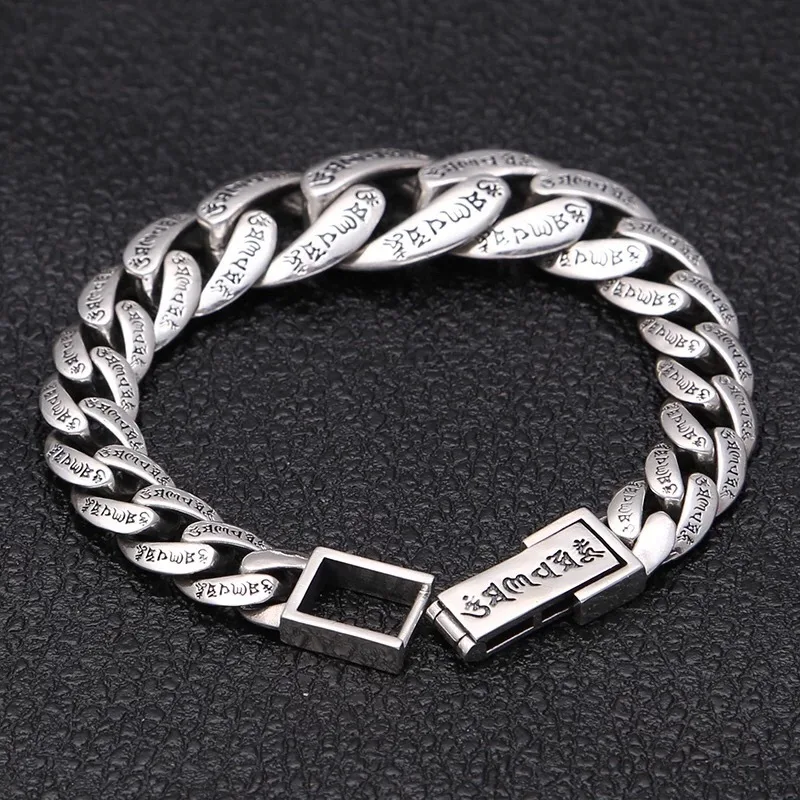 

Real 925 Sterling Silver Bracelet Women Men Vintage Crafts Handmade 11mm Sutra Mantra Curb Link Cuban Bracelets