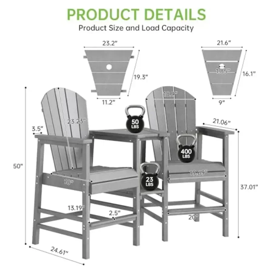 Outdoor balcony deck use: HDPE tall Adirondack chair set of 2, wood-grain finish, weather-resistant with connecting tray