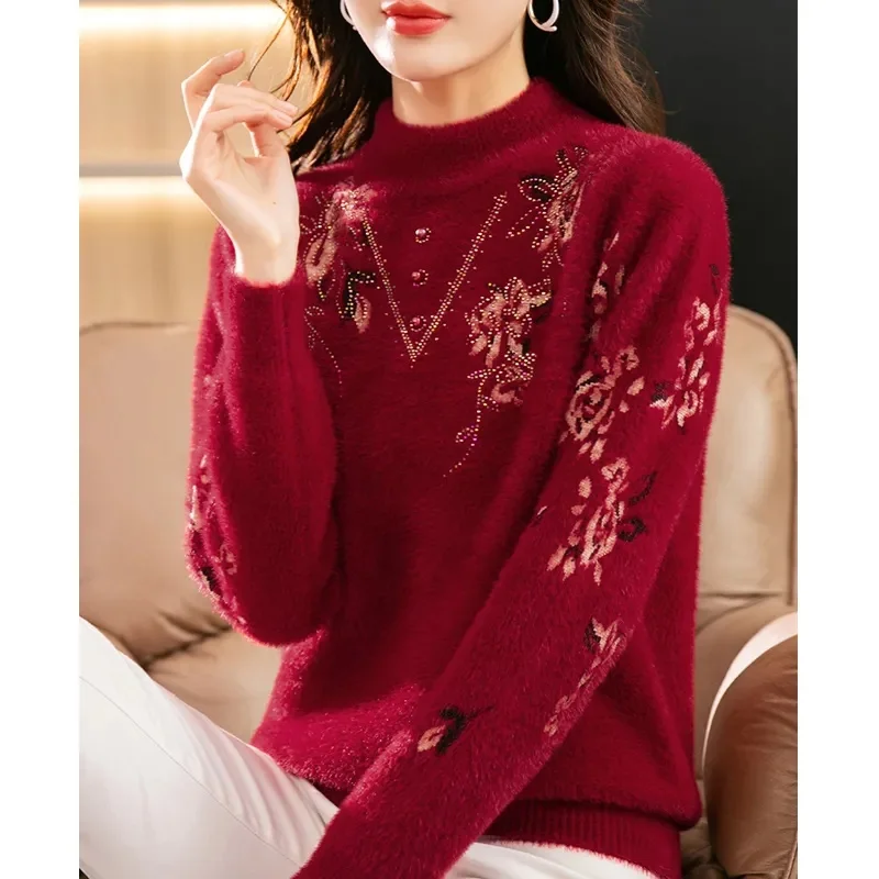 Mother\'s Autumn and Winter Thicken Imitation Mink Fleece Embroidered Sweater Fashion Diamonds inlay Knitted Lady Warm Pullover