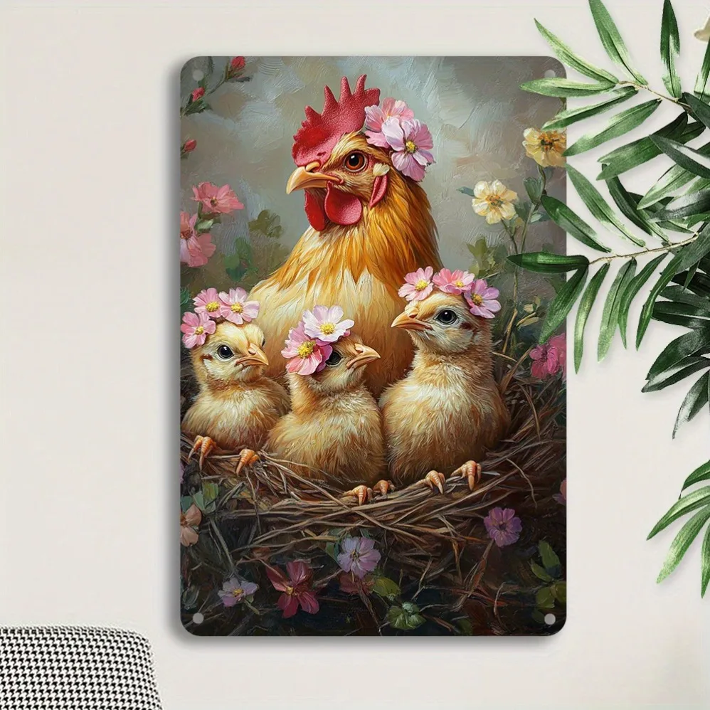 

2D Flat Vintage Hen with Chicks in Floral Nest, Rustic Farmhouse Decor, Nursery, or Yard, Farmhouse Wall Art | Rustic Wall Art