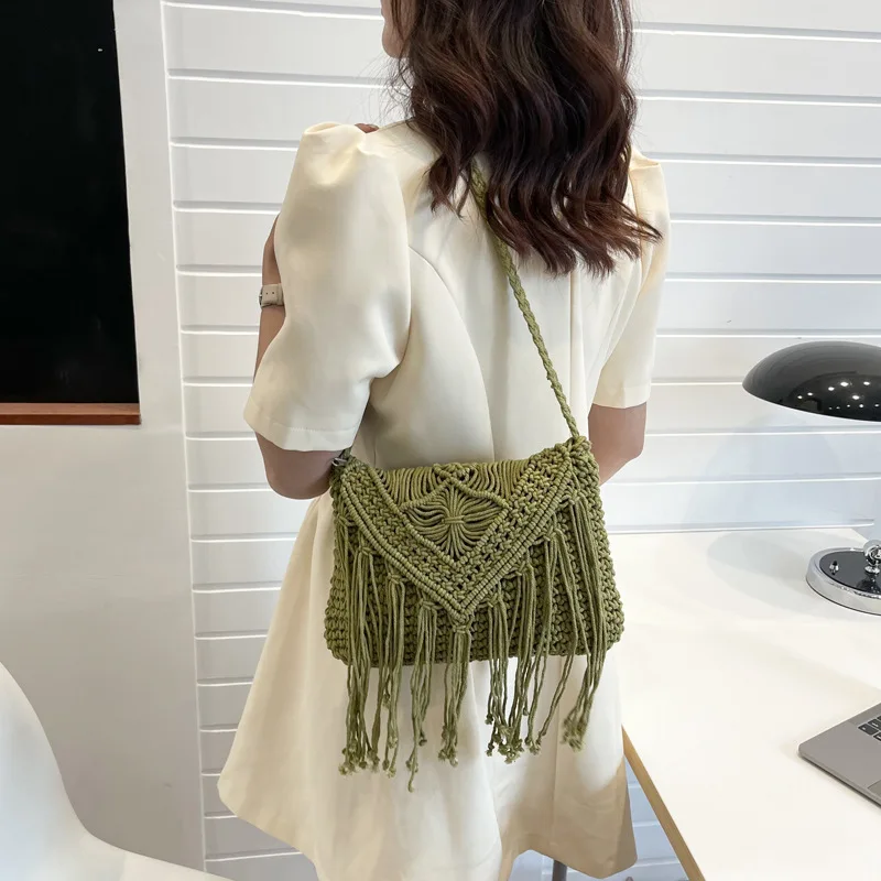 Fashion Cotton Woven Hollow Shoulder Crossbdoy Bags Female Summer Beach Bag Travel Small Tassel Handbag For Women Messenger Bags