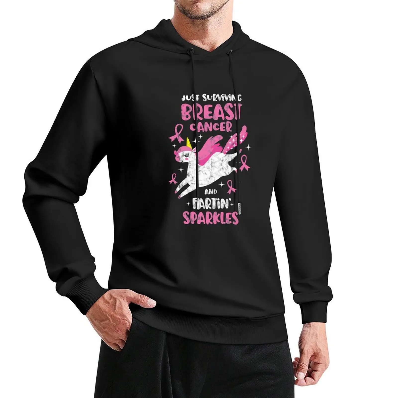 Surviving Breast Cancer Farting Sparkles Unicorn Distressed Pullover Hoodie Herren-Sweatshirt-Trainingsanzug für Herren