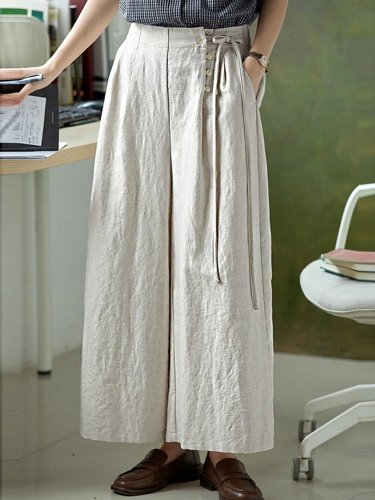 

Women Cotton Linen Wide Leg Pants New Arrival 2025 Spring Vintage Style Plain Color Loose Female Ankle-length Casual Pants M1409