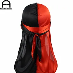 Unisex mężczyźni dwa odcienie jedwabiu Durag poza szwy jedwabiste Durags chustka nakrycia głowy Turban fale Cap długie pasy Du Rag