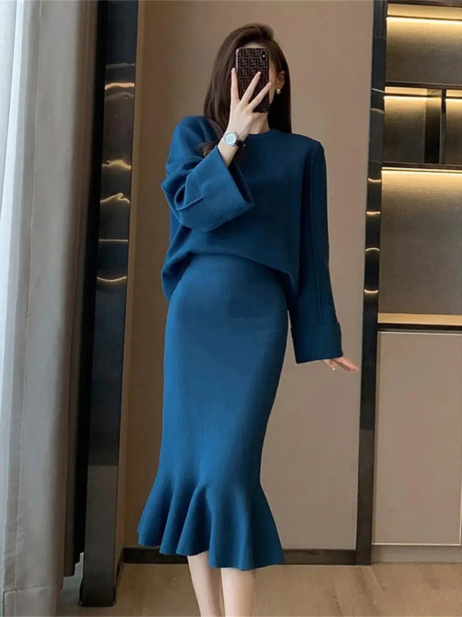 

Minimalism Solid Knitted Two Piece Sets Women Outfits Elegant Loose Sweater and Mermaid Mid Skirt Sets