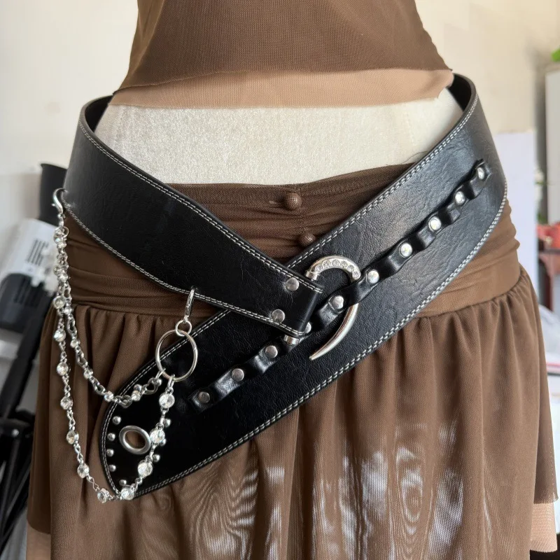 女性のヴィンテージリベット Pu レザーパンクチェーンコルセット女性カマーバンドコートウエストバンドドレス Decration ワイドベルト J1536