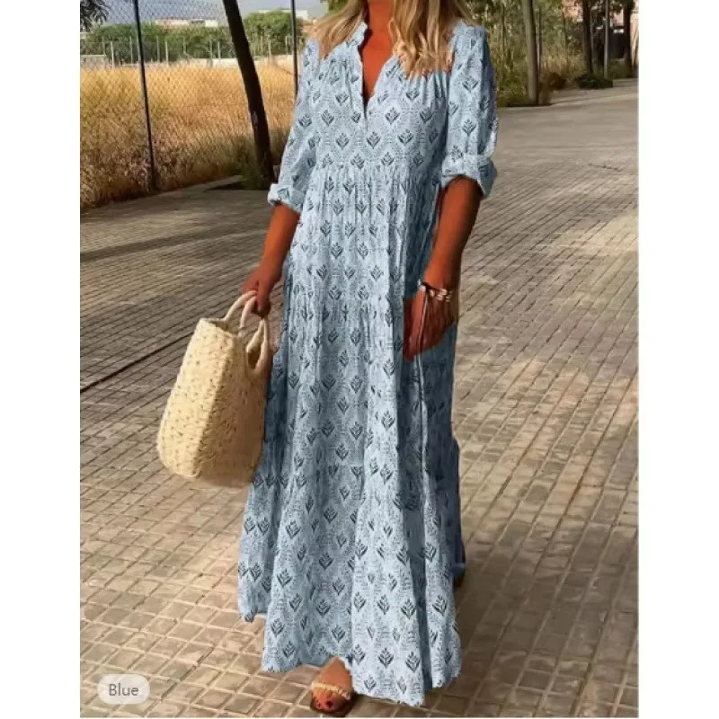 Femmes mode Boho imprimer Robe longue automne à manches longues col en V robes Vintage décontracté ample vacances Robe confortable Robe Femme