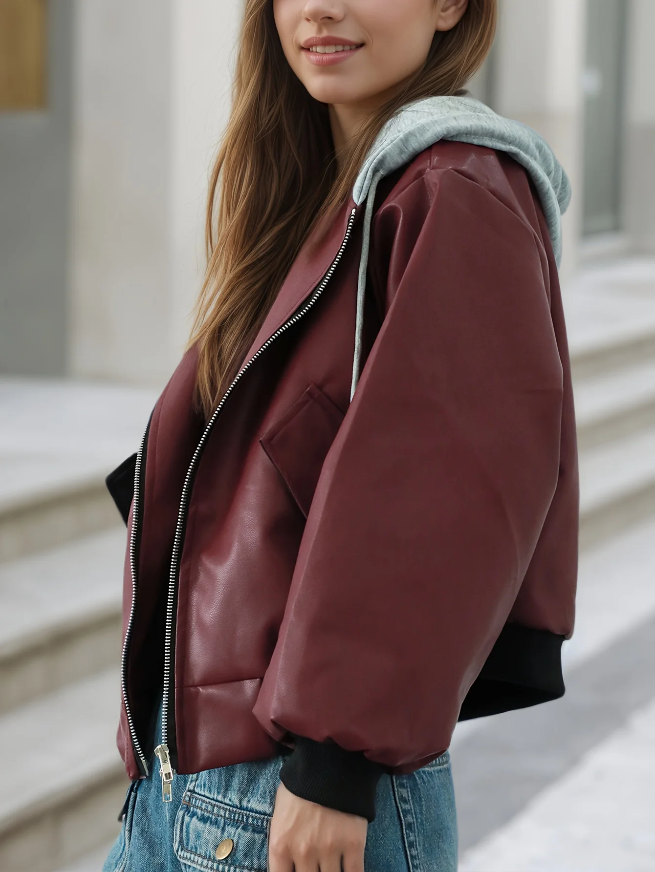 Primavera e autunno nuovo colore block sciolto e versatile falso giacca da donna in due pezzi retrò con tasca con cerniera giacca in pelle con cappuccio