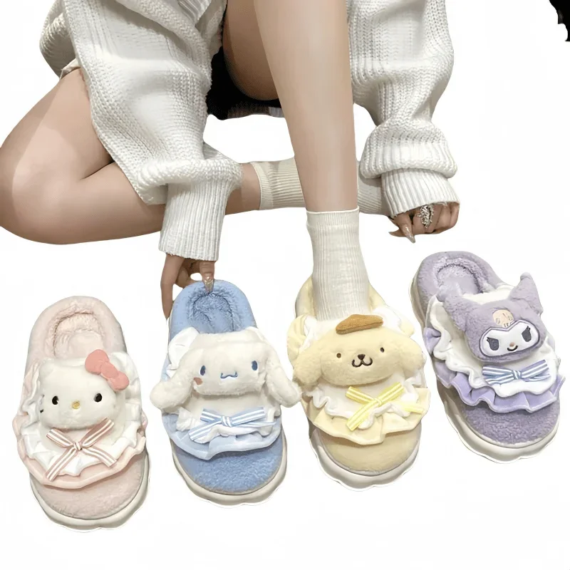 Hello Kitty Cartoon Animation Character Kawaii Kuromi Cotton Slippers Bag Heel Home Good-Looking Cute Warm Plush Cotton Slippers