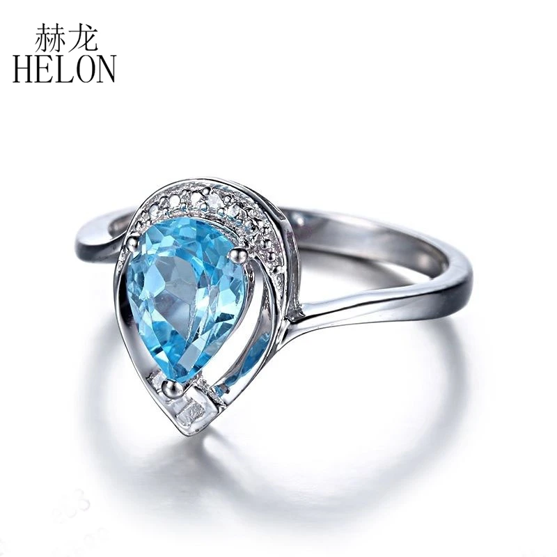 HELON Gemstone Women Ring Solid 10K White Gold Pear Cut 8x6mm Genuine Blue Topaz Diamond Engagement Wedding Ring