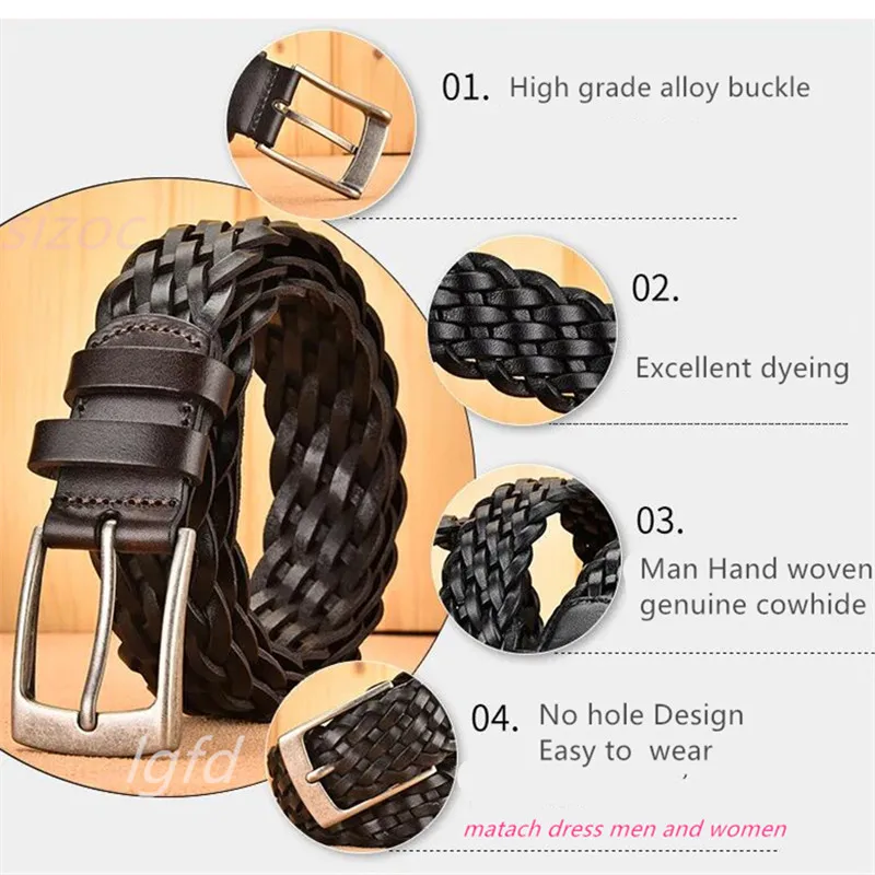 Men full Grain Genuine Leather Belts   gift box  knitting  SIZOC  Man woven  Genuine Leather Belt