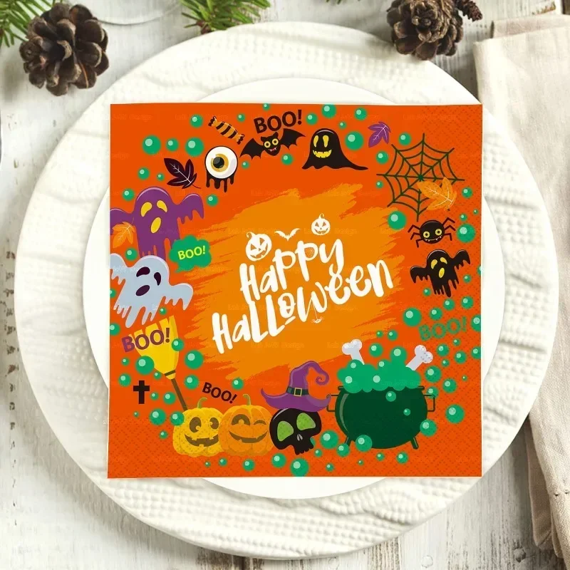 10/20pcs 33cm Halloween Party Supplies Witch Poison Pumpkin Spooky Elements Full of Disposable Napkins Butterfly Bone Bart Paper