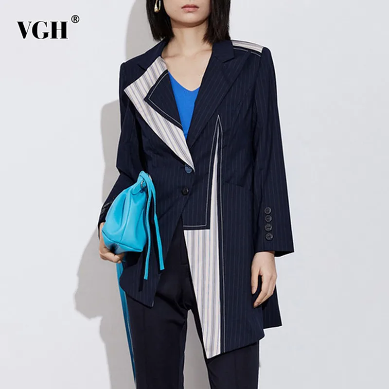 

VGH Hit Color Striped Printing Irregular Hem Blazer For Women Notched Collar Long Sleeve Patchwork Button Slim Blazers Female