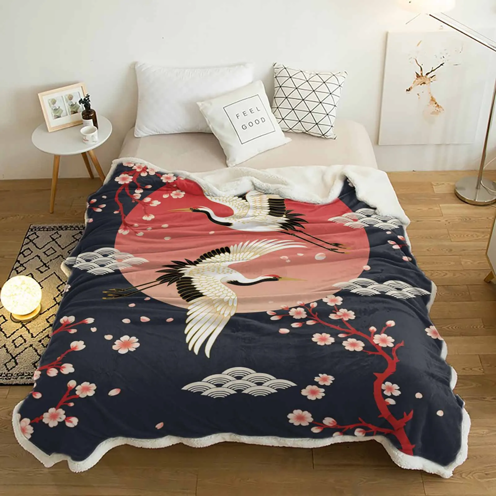 

Black Wave Pattern Crane Harmony Cashmere Blanket Warm Winter Soft Throw Blankets for Beds Sofa Wool Blanket Bedspread