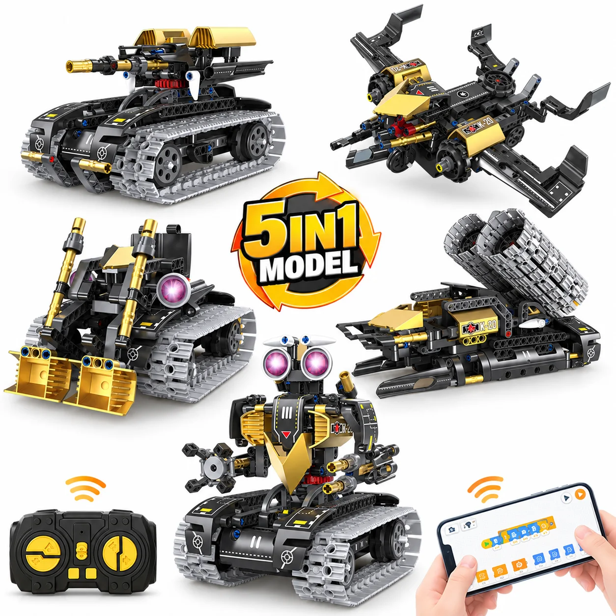 STEM Robot Building Kit  323 PCS 5-in-1  APP & RC Rechargeable Coding Tank/Plane/Robot Toy  Gift for Kids Boys Girls Ages 6-14