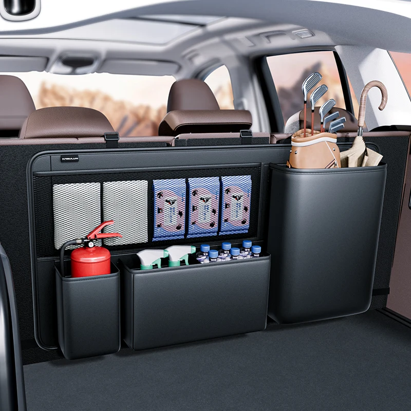 Car Trunk Storage Organizer Leather SUV Rear Seat Back Hanging Tools Firefighter Water Bottle Cup Pocket Organizer Accessories