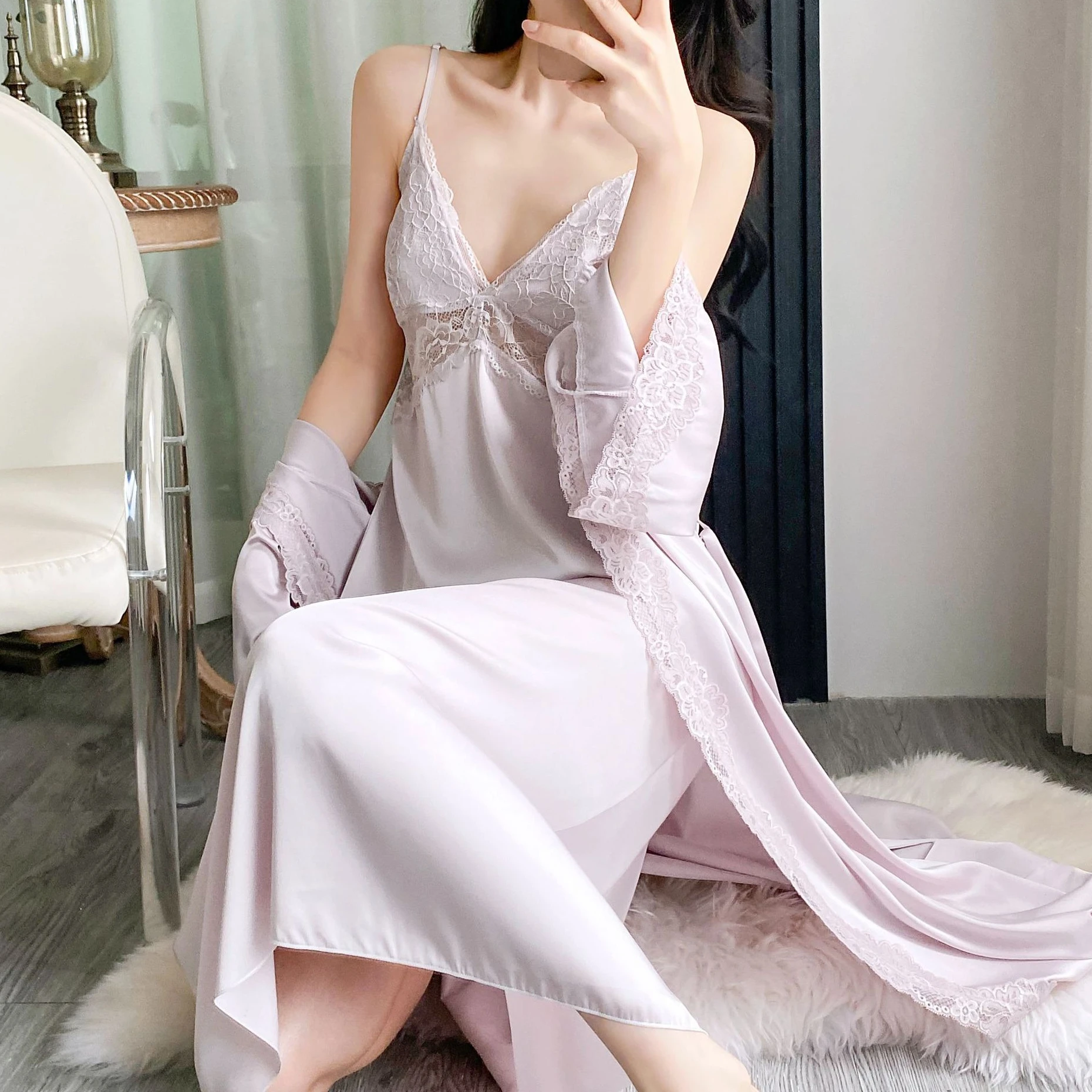 

Twinset Robe Set Sexy Lace Nightgown Long Sleepwear Women Satin Bathrobe Gown Suit Spring Satin Kimono Home Dress Loungewear